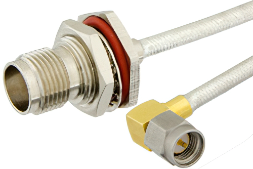 SMA Male Right Angle to TNC Female Bulkhead Semi-Flexible Precision Cable 12 Inch Length Using PE-SR402FL Coax, LF Solder, RoHS
