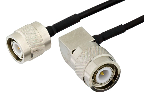 TNC Male to TNC Male Right Angle Semi-Flexible Precision Cable 18 Inch Length Using PE-SR405FLJ Coax, LF Solder, RoHS