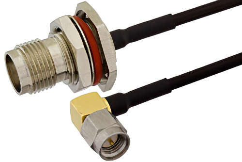 SMA Male Right Angle to TNC Female Bulkhead Semi-Flexible Precision Cable 12 Inch Length Using PE-SR405FLJ Coax, LF Solder, RoHS