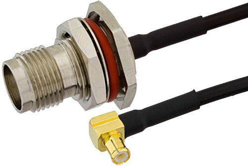 TNC Female Bulkhead to MCX Plug Right Angle Semi-Flexible Precision Cable Using PE-SR405FLJ Coax, LF Solder, RoHS