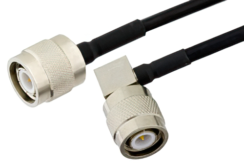 TNC Male to TNC Male Right Angle Semi-Flexible Precision Cable 6 Inch Length Using PE-SR402FLJ Coax, LF Solder, RoHS