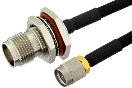 SMA Male to TNC Female Bulkhead Semi-Flexible Precision Cable 9 Inch Length Using PE-SR402FLJ Coax, LF Solder, RoHS