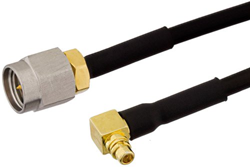 SMA Male to MMCX Plug Right Angle Semi-Flexible Cable 6 Inch Length Using PE-SR405FLJ Coax with HeatShrink, RoHS