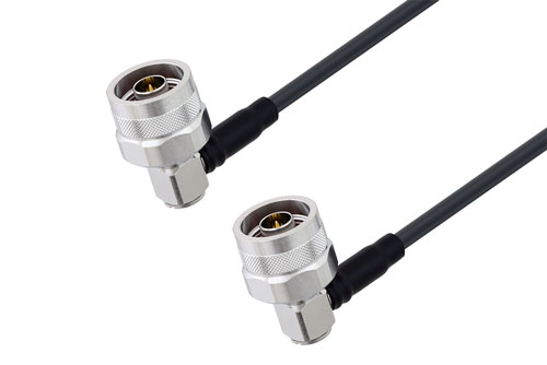 N Male Right Angle to N Male Right Angle Low Loss Cable Using LMR-195 Coax With Times Microwave Components with HeatShrink, LF Solder