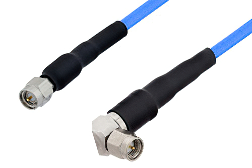 SMA Male to SMA Male Right Angle Precision Cable 60 Inch Length Using PE-P141 Coax Single Heat Shrink Boot
