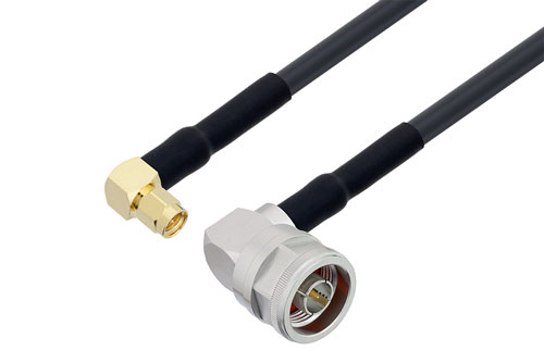N Male Right Angle to SMA Male Right Angle Cable Using LMR-240-UF Coax with HeatShrink