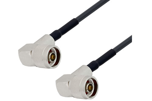 N Male Right Angle to N Male Right Angle Low Loss Cable Using LMR-195 Coax with HeatShrink and 180 Deg. Clock, LF Solder