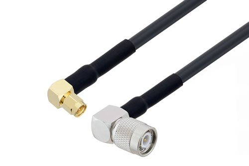SMA Male Right Angle to TNC Male Right Angle Low Loss Cable Using LMR-240-UF Coax with HeatShrink and 90 Deg. Clock