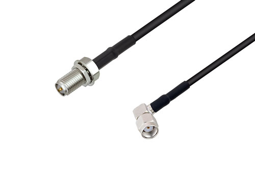 Reverse Polarity SMA Jack Bulkhead to Reverse Polarity SMA Plug Right Angle Low Loss Cable Using LMR-100 Coax with HeatShrink
