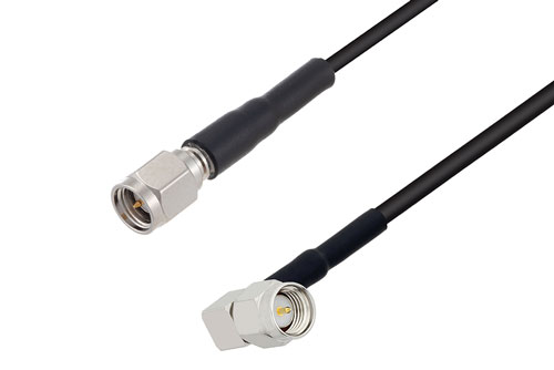 SMA Male to SMA Male Right Angle Low Loss Cable Using LMR-100 Coax with HeatShrink, LF Solder