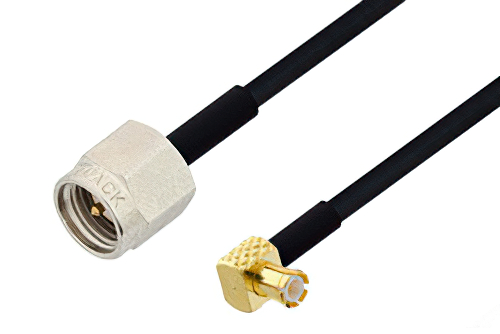 SMA Male to MCX Plug Right Angle Cable 12 Inch Length Using PE-SR405FLJ Coax , LF Solder