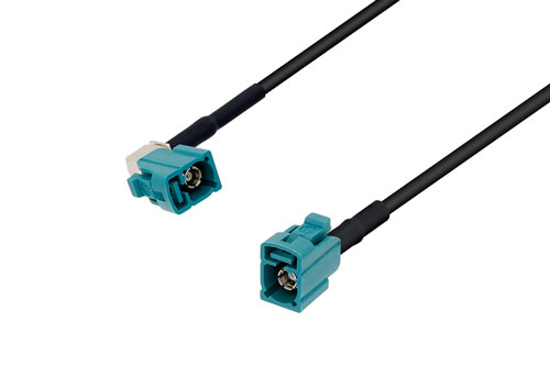 Water Blue FAKRA Jack Right Angle to Water Blue FAKRA Jack Low Loss Cable Using LMR-100 Coax with HeatShrink