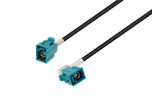 Water Blue FAKRA Jack to Water Blue FAKRA Jack Right Angle Low Loss Cable Using LMR-100 Coax