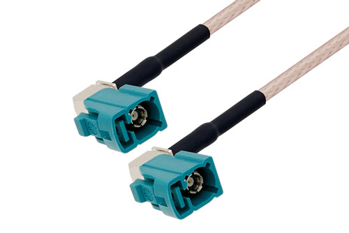 Water Blue FAKRA Jack Right Angle to FAKRA Jack Right Angle Cable Using RG316 Coax with HeatShrink