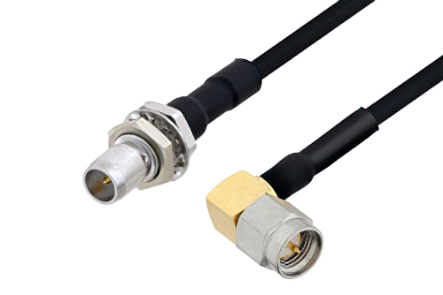 Slide-On BMA Plug Bulkhead to SMA Male Right Angle Cable 24 Inch Length Using PE-SR405FLJ Coax