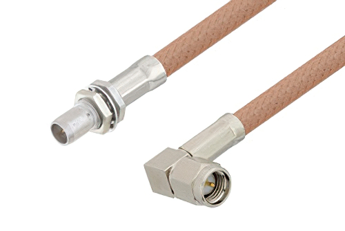 Slide-On BMA Plug Bulkhead to SMA Male Right Angle Cable 6 Inch Length Using RG400 Coax