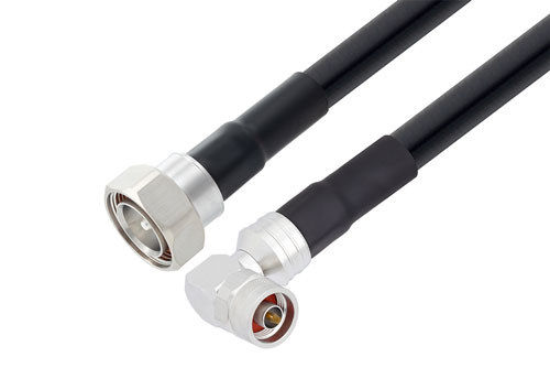N Male Right Angle to 7/16 DIN Male Low Loss Cable Using LMR-600 Coax With Times Microwave Components with HeatShrink