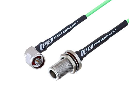 N Male Right Angle to N Female Bulkhead Low Loss Cable 24 Inch Length Using PE-P160LL Coax