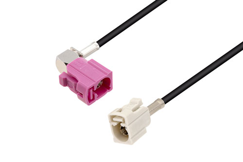 White FAKRA Jack to Violet FAKRA Jack Right Angle Low Loss Cable Using LMR-100 Coax