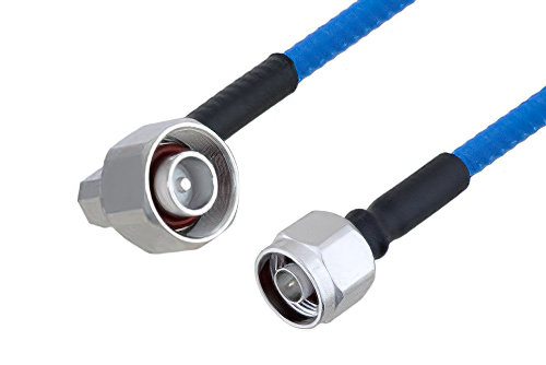 Plenum 4.1/9.5 Mini DIN Male Right Angle to N Male Low PIM Cable 12 Inch Length Using SPP-250-LLPL Coax , LF Solder