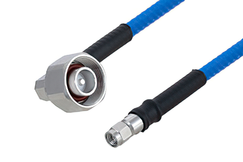 Plenum 4.1/9.5 Mini DIN Male Right Angle to SMA Male Low PIM Cable 150 cm Length Using SPP-250-LLPL Coax , LF Solder