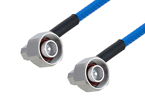 Plenum 4.1/9.5 Male Right Angle to 4.1/9.5 Male Right Angle Low PIM Cable 150 cm Length Using SPP-250-LLPL Coax , LF Solder