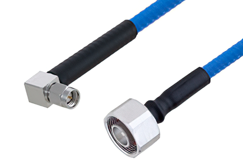 Plenum 4.1/9.5 Mini DIN Male to SMA Male Right Angle Low PIM Cable 150 cm Length Using SPP-250-LLPL Coax , LF Solder