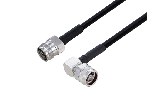Outdoor Rated 4.3-10 Female to N Male Right Angle Low PIM Cable Using SPO-250 Coax Using Times Microwave Parts