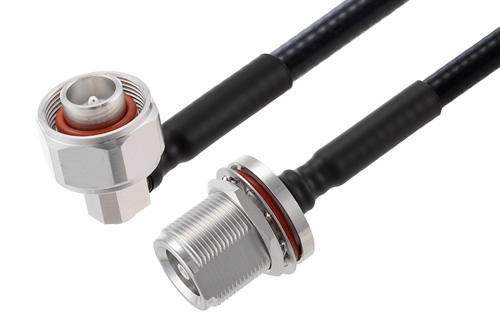4.1/9.5 Mini DIN Male Right Angle to 4.1/9.5 Mini DIN Female Bulkhead Low PIM Cable Using 1/4 inch Superflexible Coax