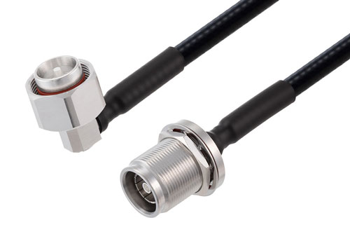 4.3-10 Male Right Angle to 4.3-10 Female Bulkhead Low PIM Cable Using 1/4 inch Superflexible Coax