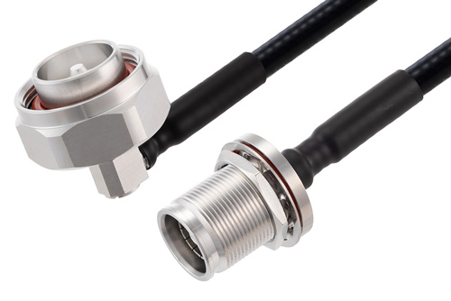 7/16 DIN Male Right Angle to 7/16 DIN Female Low PIM Cable Using 1/4 inch Superflexible Coax