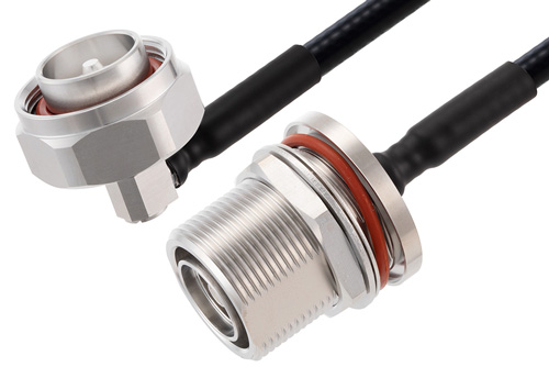 7/16 DIN Male Right Angle to 7/16 DIN Female Bulkhead Low PIM Cable Using 1/4 inch Superflexible Coax