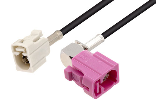 White FAKRA Jack to FAKRA Jack Right Angle Cable Using RG174 Coax