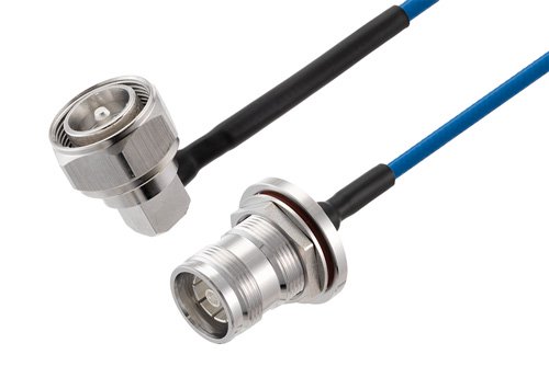 4.3-10 Male Right Angle to 4.3-10 Female Bulkhead Low PIM Cable Using TFT-402 Coax Using Times Microwave Components