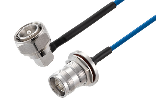 4.3-10 Male Right Angle to 4.3-10 Female Bulkhead Low PIM Cable Using TFT-5G-402 Coax Using Times Microwave Components