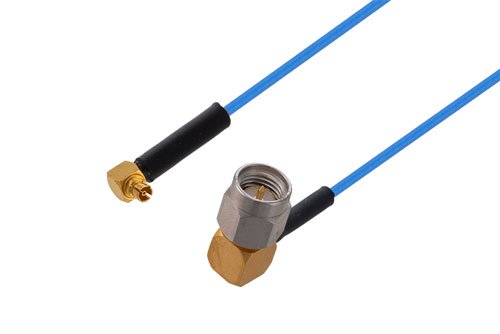 Mini SMP Female Right Angle to SMA Male Right Angle Cable Using PE-P047 Coax with HeatShrink