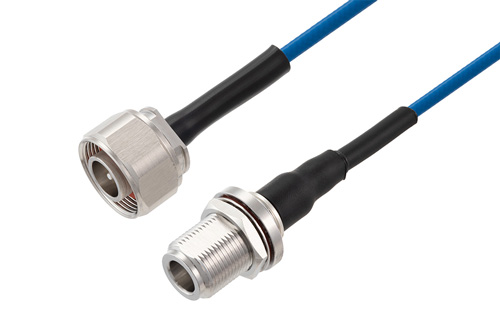 4.1/9.5 Mini DIN Male to N Female Bulkhead Low PIM Cable Using TFT-402 Coax Using Times Microwave Components