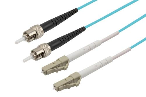 Fiber Optic Patch Cable, Dual LC UPC to ST UPC, MM OM4, 2.0mm Plenum, Aqua