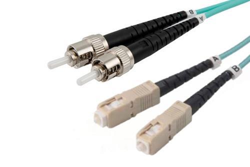Fiber Optic Patch Cable, Dual SC UPC to ST UPC, MM OM3, 2.0mm Riser, Aqua