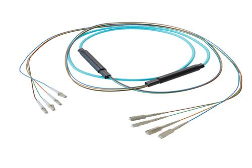 4-Fiber LC UPC to SC UPC, OM3 Multimode Distribution Cable, 4.5mm Plenum, 2.0mm breakout, Aqua