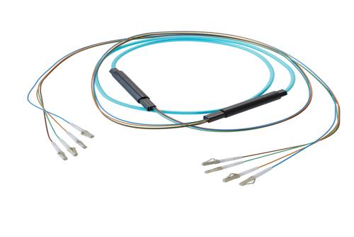 4-Fiber LC UPC to LC UPC, OM4 Multimode Distribution Cable, 4.5mm LSZH, 2.0mm breakout, Aqua