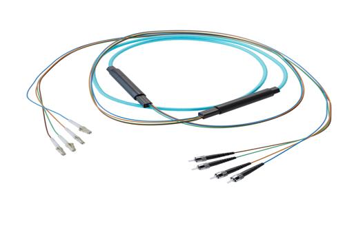 4-Fiber LC UPC to ST UPC, OM4 Multimode Distribution Cable, 4.5mm Riser, 2.0mm breakout, Aqua