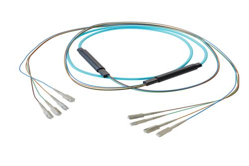 4-Fiber SC UPC to SC UPC, OM3 Multimode Indoor Distribution Cable, 4.5mm LSZH, 2.0mm breakout, Aqua
