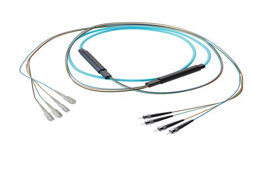 4-Fiber SC UPC to ST UPC, OM4 Multimode Indoor Distribution Cable, 4.5mm LSZH, 2.0mm breakout, Aqua
