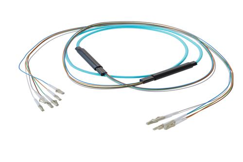 6-Fiber LC UPC to LC UPC, OM3 Multimode Distribution Cable, 5.0mm Plenum, 2.0mm breakout, Aqua-15M