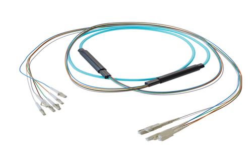 6-Fiber LC UPC to SC UPC, OM3 Multimode Distribution Cable, 5.0mm Plenum, 2.0mm breakout, Aqua