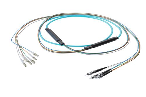 6-Fiber LC UPC to ST UPC, OM4 Multimode Distribution Cable, 5.0mm LSZH, 2.0mm breakout, Aqua