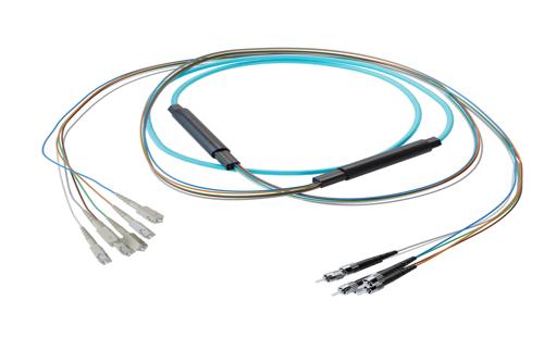6-Fiber SC UPC to ST UPC, OM3 Multimode Distribution Cable, 5.0mm Riser, 2.0mm breakout, Aqua