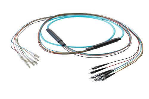 8-Fiber LC UPC to ST UPC, OM3 Multimode Distribution Cable, 5.6mm Plenum, 2.0mm breakout, Aqua