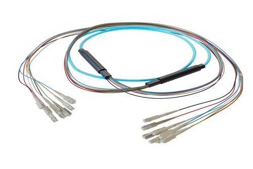 8-Fiber SC UPC to SC UPC, OM4 Multimode Distribution Cable, 5.6mm Plenum, 2.0mm breakout, Aqua